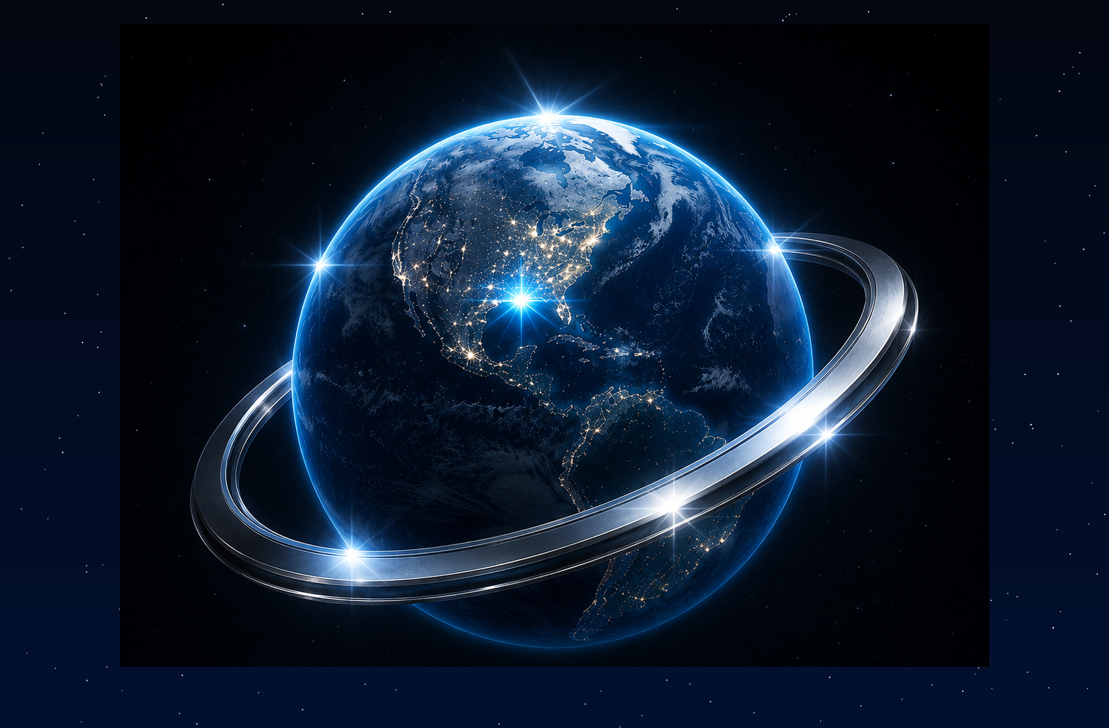 Blue planet with silver ring Shiny Planet Studios logo